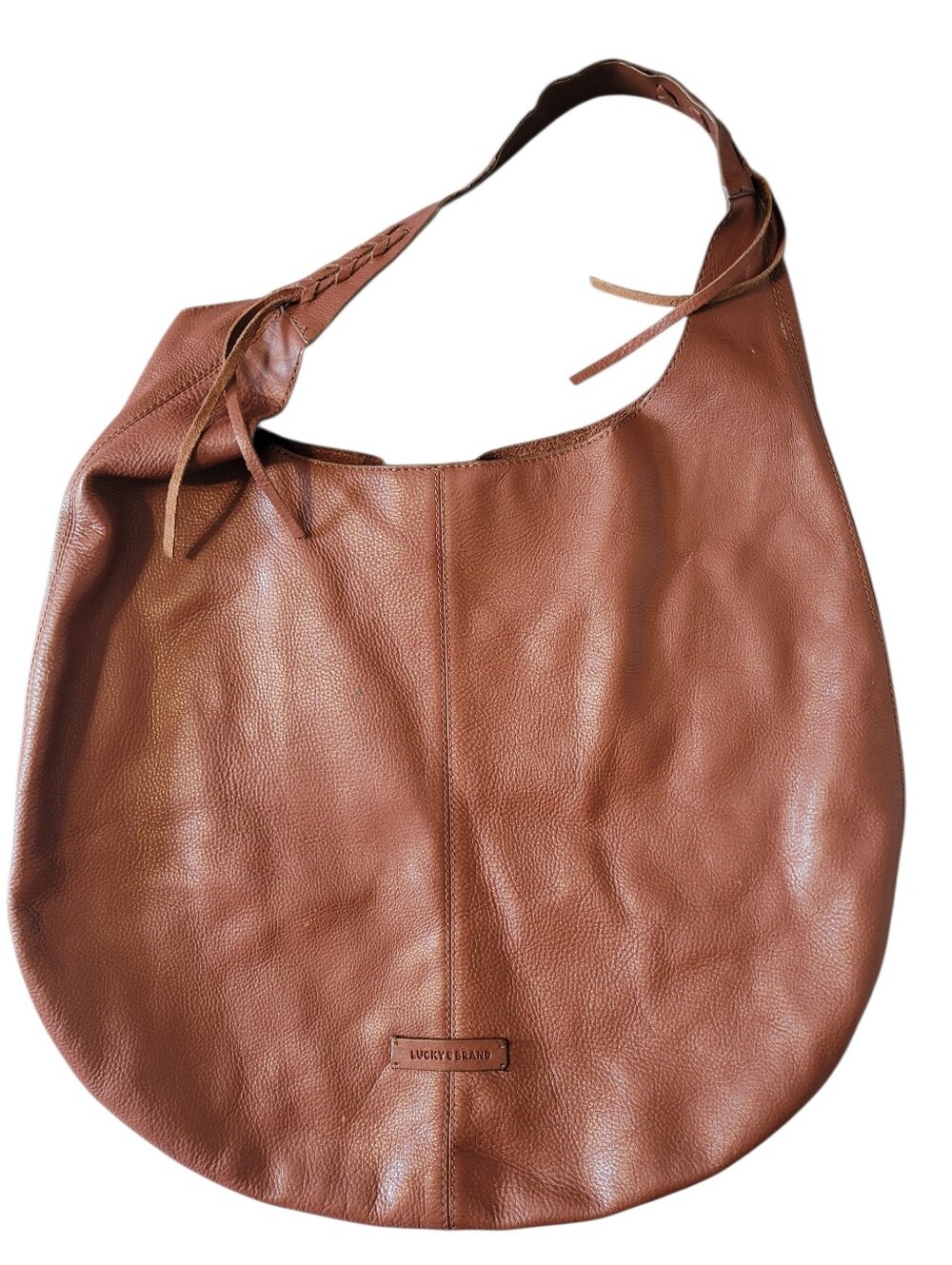 Lucky Brand Leather Carryall Hobo Shoulder Bag Tan Brown Braided Fringe Accent